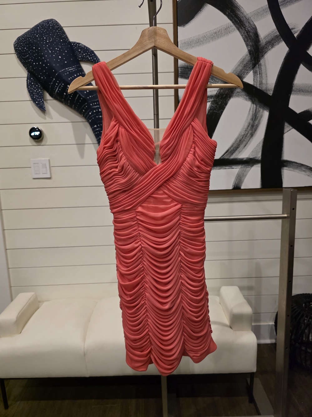 Adrianna Papell Coral Ruched V-Neck Mini Dress